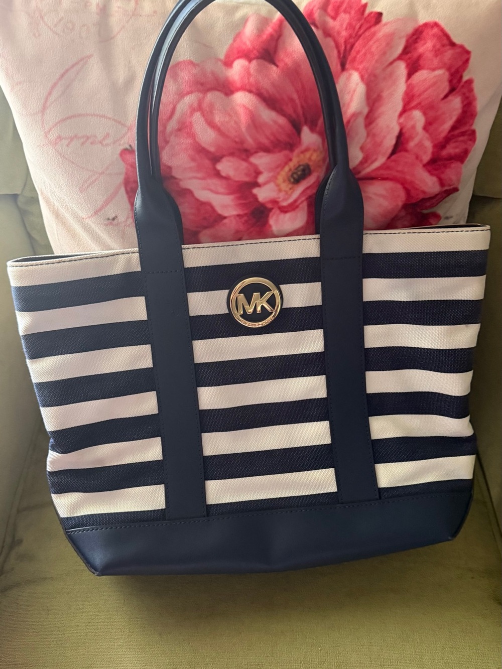 Michael Kors Navy and White Striped Tote with Gold MK Accent